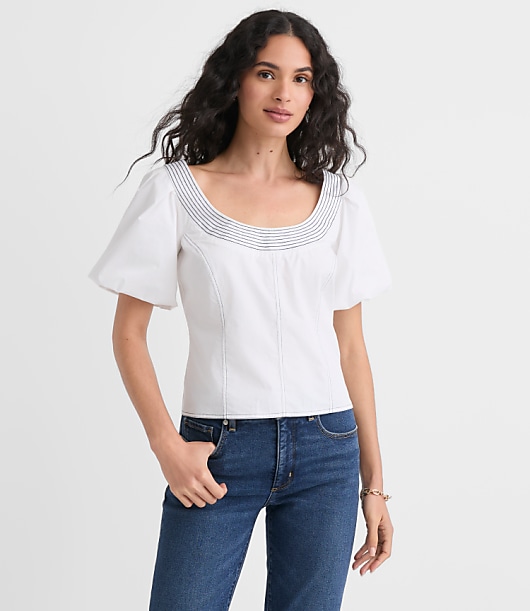 Petite Topstitched Poplin Balloon Sleeve Top