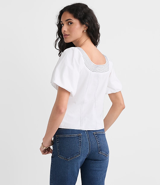 Petite Topstitched Poplin Balloon Sleeve Top