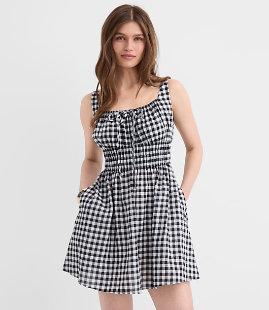 Petite Gingham Smocked Mini Pocket Dress