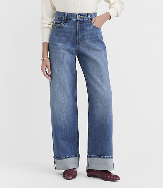 Rivete Selvedge Cuffed High Rise Wide Leg Jeans in Medium Stone Wash