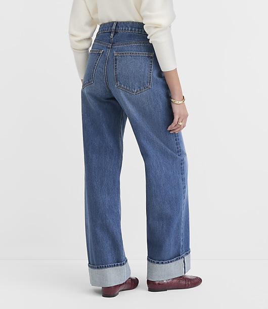 Rivete Selvedge Cuffed High Rise Wide Leg Jeans in Medium Stone Wash