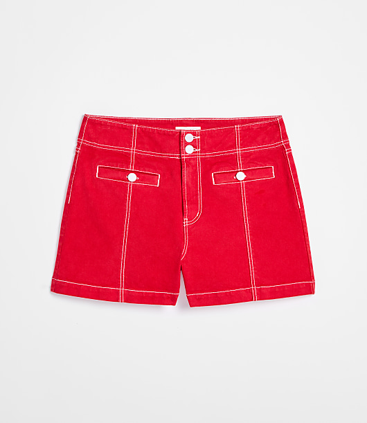 Rivete Petite Curvy Double Shank High Rise Denim Shorts in Maple Cherry