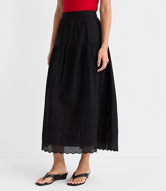 Petite Scalloped Eyelet Pintucked Maxi Skirt