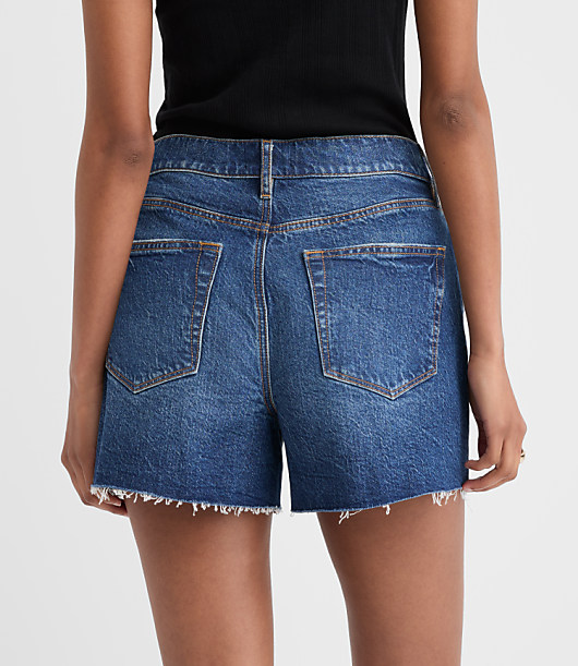 Rivete Curvy Destructed High Rise Cut Off Denim Shorts in Dark Wash