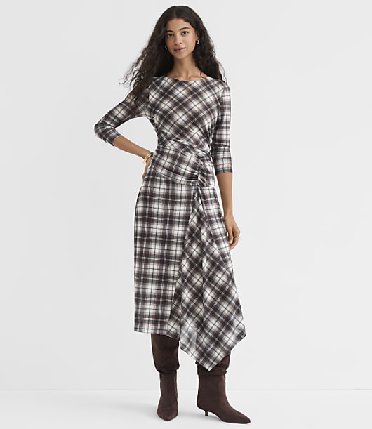 Plaid Mesh Asymmetrical Ruched Midi Dress