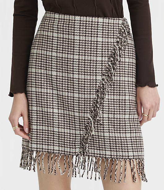Petite Plaid Fringe Mini Wrap Skirt