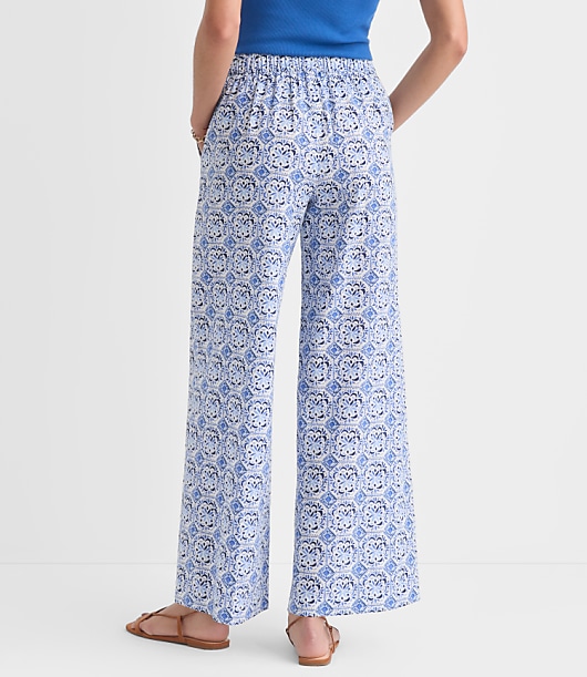 Petite Pull On Wide Leg Pants in Mosaic Linen Cotton