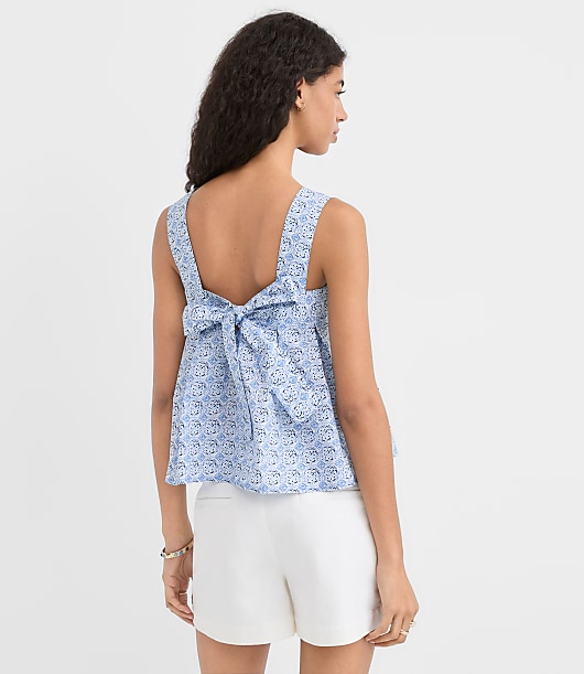 Petite Mosaic Poplin Tie Back Pleated Tank Top