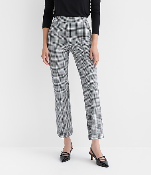 Pintucked Kick Crop Pants in Plaid Ponte - Black