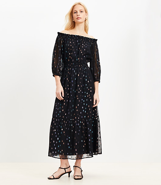 Shimmer Clip Balloon Sleeve Off The Shoulder Midi Dress