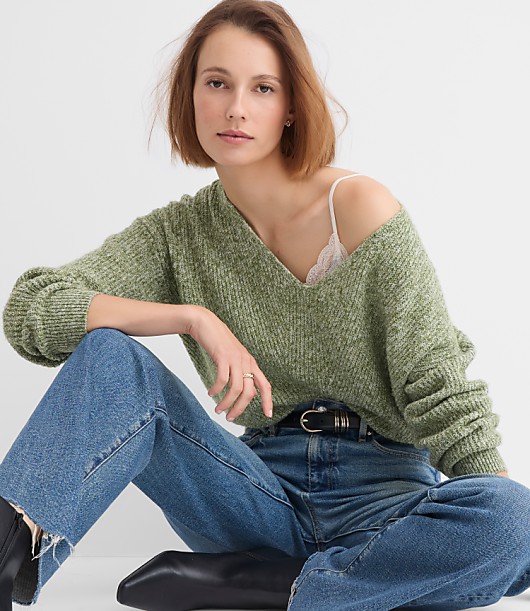 Angled Ribbed V-Neck Sweater