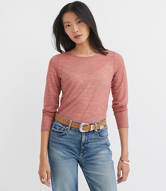 Floral Lace Long Sleeve Crew Neck Tee