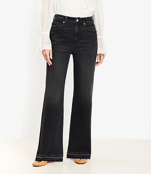 Unpicked Hem High Rise Wide Leg Jeans in Washed Black