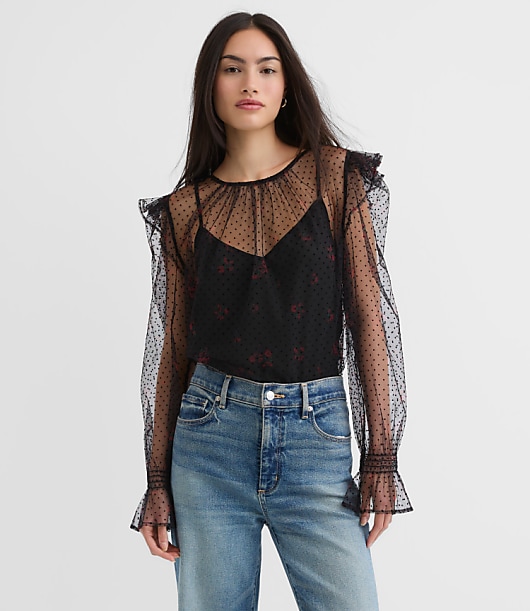 Velvet Dot Tulle Floral Cami Blouse
