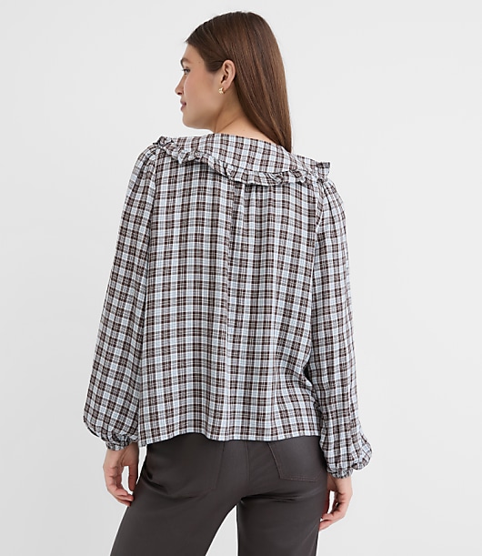 Plaid Ruffle Collar Shirred Henley Blouse