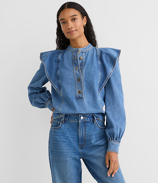 Ruffle Denim Shirt in Light Wash