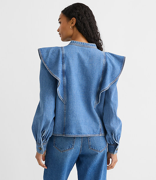 Ruffle Denim Shirt in Light Wash