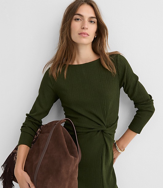 Petite Ribbed Side Twist Midi Dress