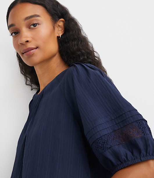 Petite Striped Lace Trim Pintucked Blouse
