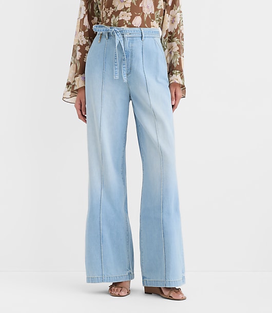 Tie Waist High Rise Palazzo Jeans in Light Wash