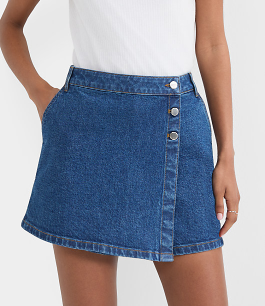 Denim Wrap Skort in Medium Stone Wash