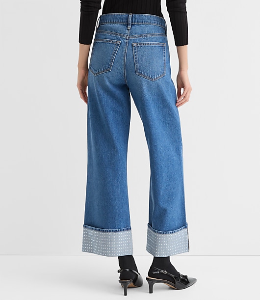 Petite Embellished Cuffed High Rise Wide Leg Crop Jeans in Bright Mid Indigo Wash