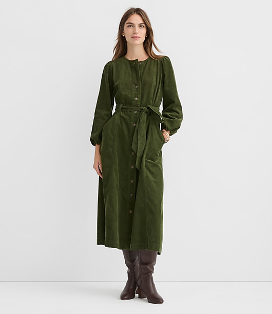 Corduroy Seamed Belted Midi Pocket Dress - Valiant Green