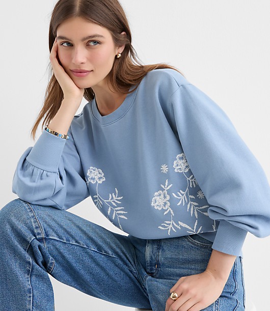 Floral Embroidered Terry Puff Sleeve Sweatshirt