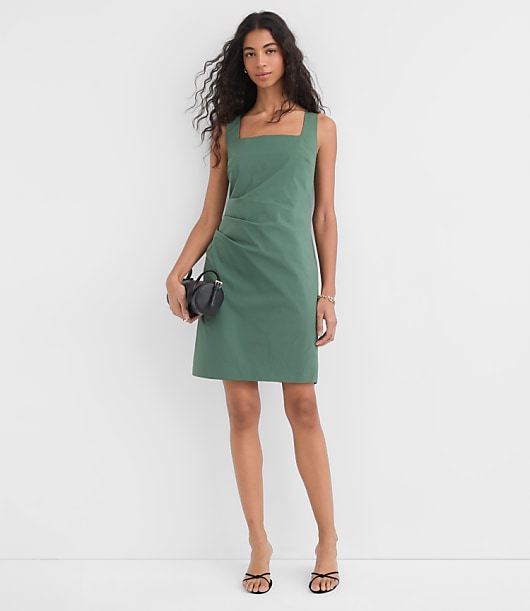 Pleated Stretch Poplin Square Neck Mini Dress