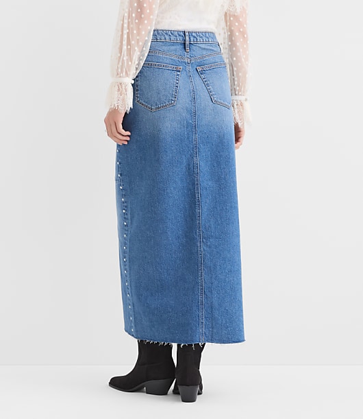 Petite Studded Denim Maxi Skirt in Classic Mid Wash