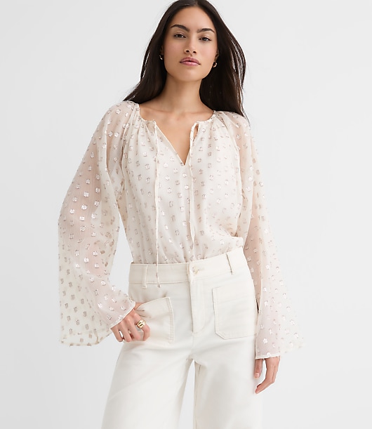 Petite Shimmer Clip Flare Sleeve Tie Neck Blouse