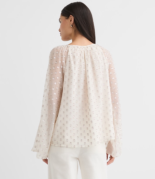 Petite Shimmer Clip Flare Sleeve Tie Neck Blouse