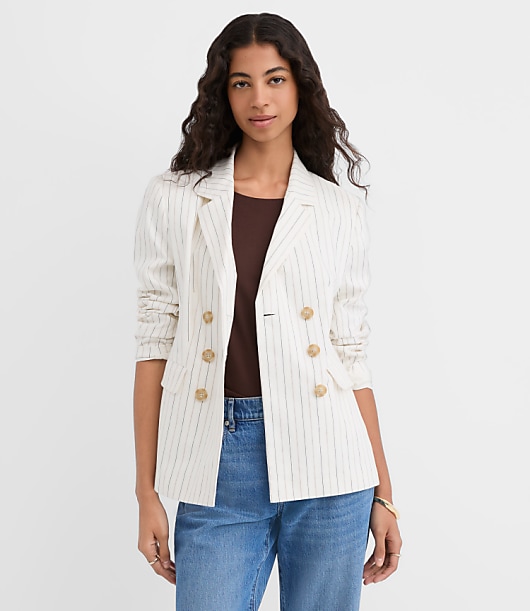 Pinstripe Cotton Linen Double Breasted Blazer