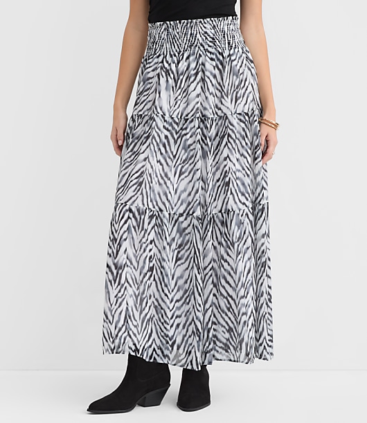 Zebra Print Ruffle Smocked Maxi Skirt - Whisper White