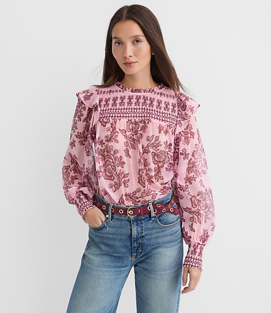 Petite Shimmer Floral Smocked Ruffle Blouse