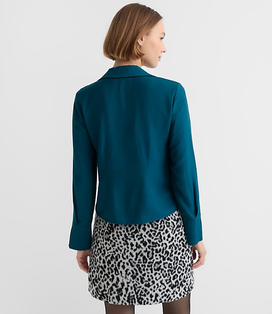Petite Slit Cuff Tie Neck Blouse