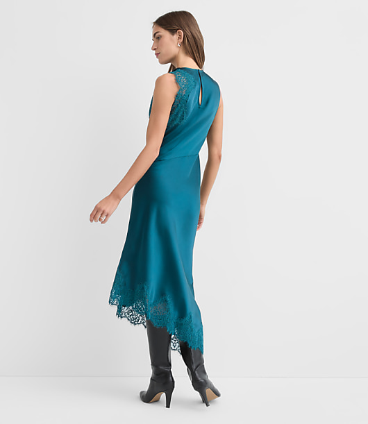 Petite Lace Trim Satin Bias Midi Dress