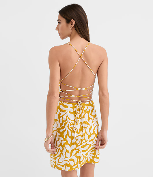 LOFT Beach Palm Linen Cotton Strappy Back Mini Dress