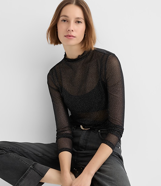 Shimmer Dotted Mesh Ruffle Neck Top