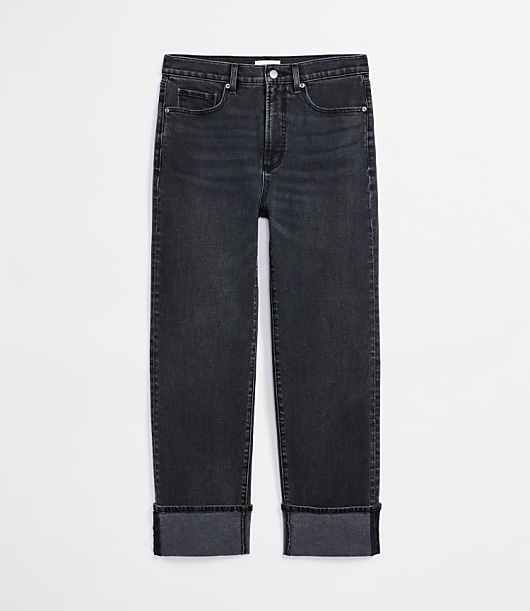 Rivete Petite Curvy Cuffed High Rise Straight Jeans in Noir Wash