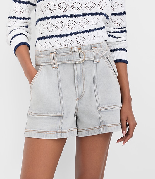 Rivete Belted Denim Utility Shorts in Vintage Grey Wash
