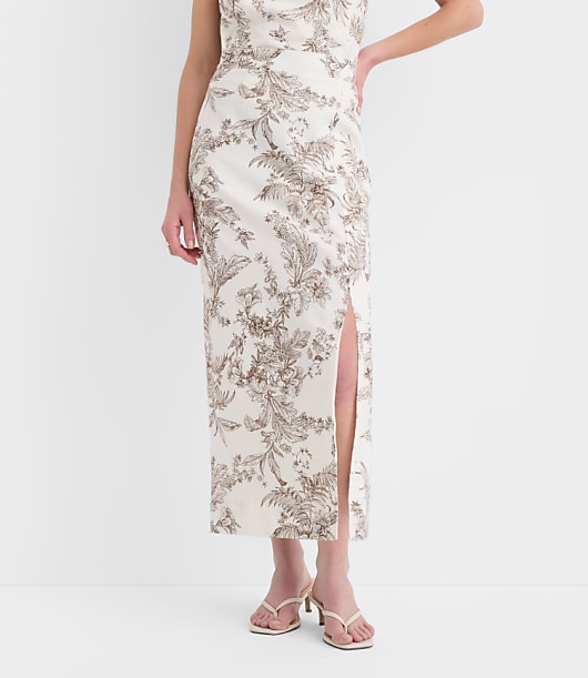 Floral Toile Linen Cotton Column Midi Skirt