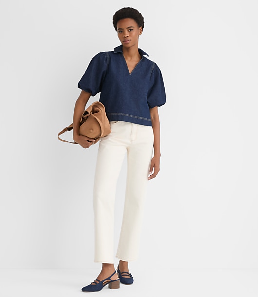 Petite Denim Puff Sleeve Top