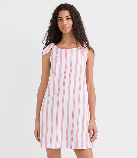 Striped Linen Cotton Tie Boatneck Mini Dress