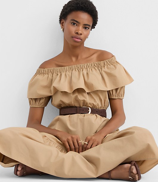 Petite Poplin Ruffle Off The Shoulder Maxi Pocket Dress