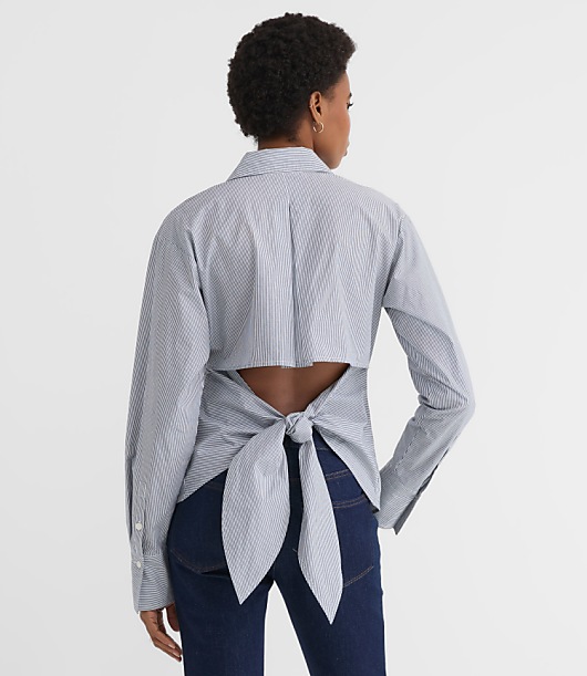 Petite Striped Cutout Tie Back Poplin Shirt