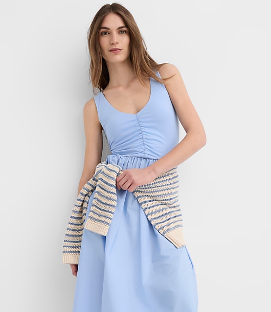 Ruched Mixed Media Midi Pocket Dress