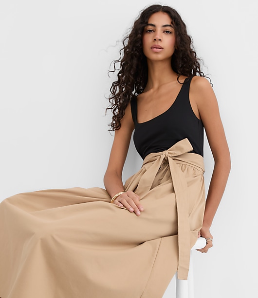 Petite Tie Waist Mixed Media Midi Pocket Dress