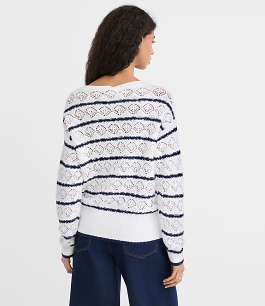 Striped Pointelle Boatneck Sweater