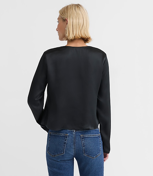 Petite Lace Trim Satin Bow Blouse